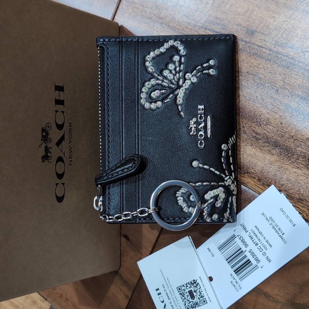 Coach Skinny Mini Smooth Leather Embroidered Butterfly Zip Close ID Case Nwt ❤️ - Picture 3 of 11